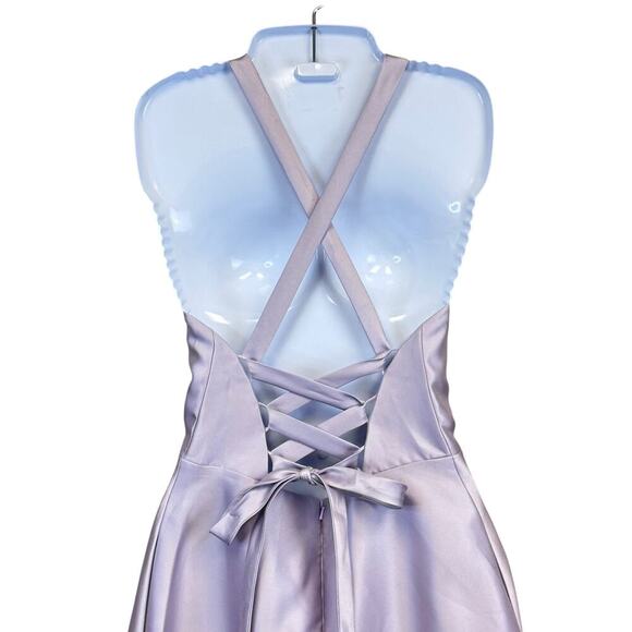 Alfred Sung D763 Halter Crisscross Lace-Up Back Satin Long Dress Moondance Sz 6 - Picture 7 of 10